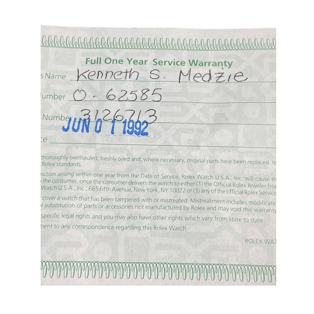 Vintage 1992 Rolex Service Warranty Paper Reference O-62585‎ Serial 3126713 - Picture 4 of 8